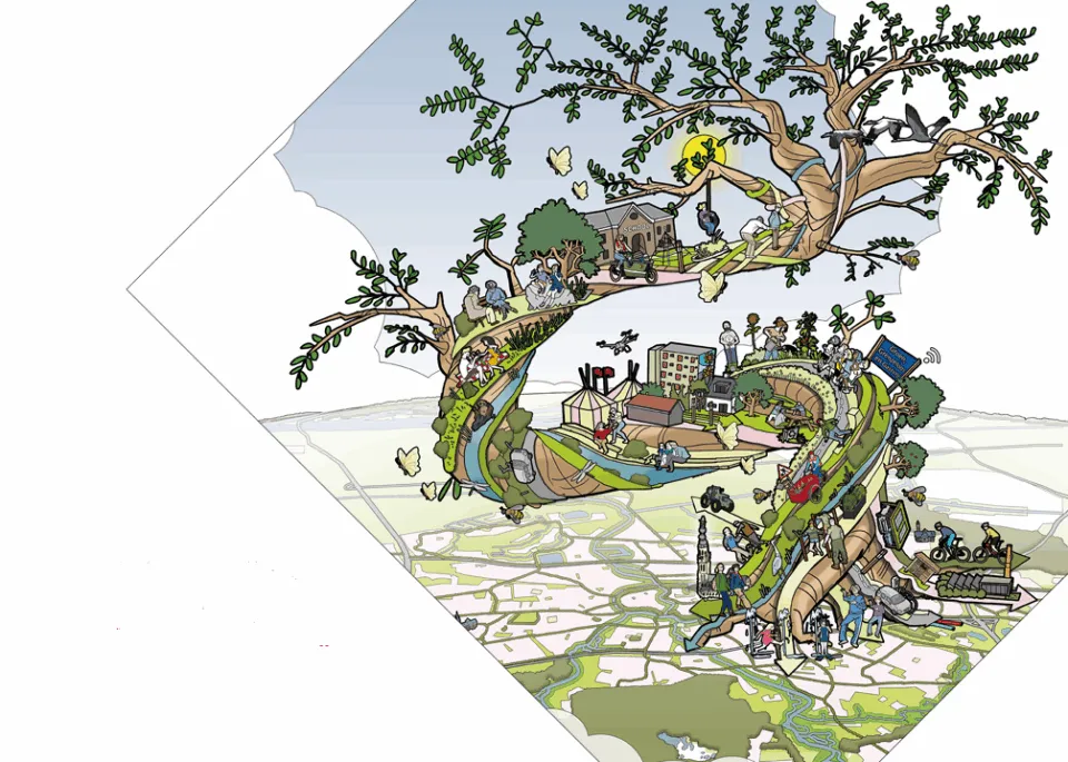 Symbolische illustratie van de ‘Boom van de Visie’ voor Breda 2040, waarin mensen, gebouwen, natuur en mobiliteit samenkomen als symbool voor de Stad in een Park.